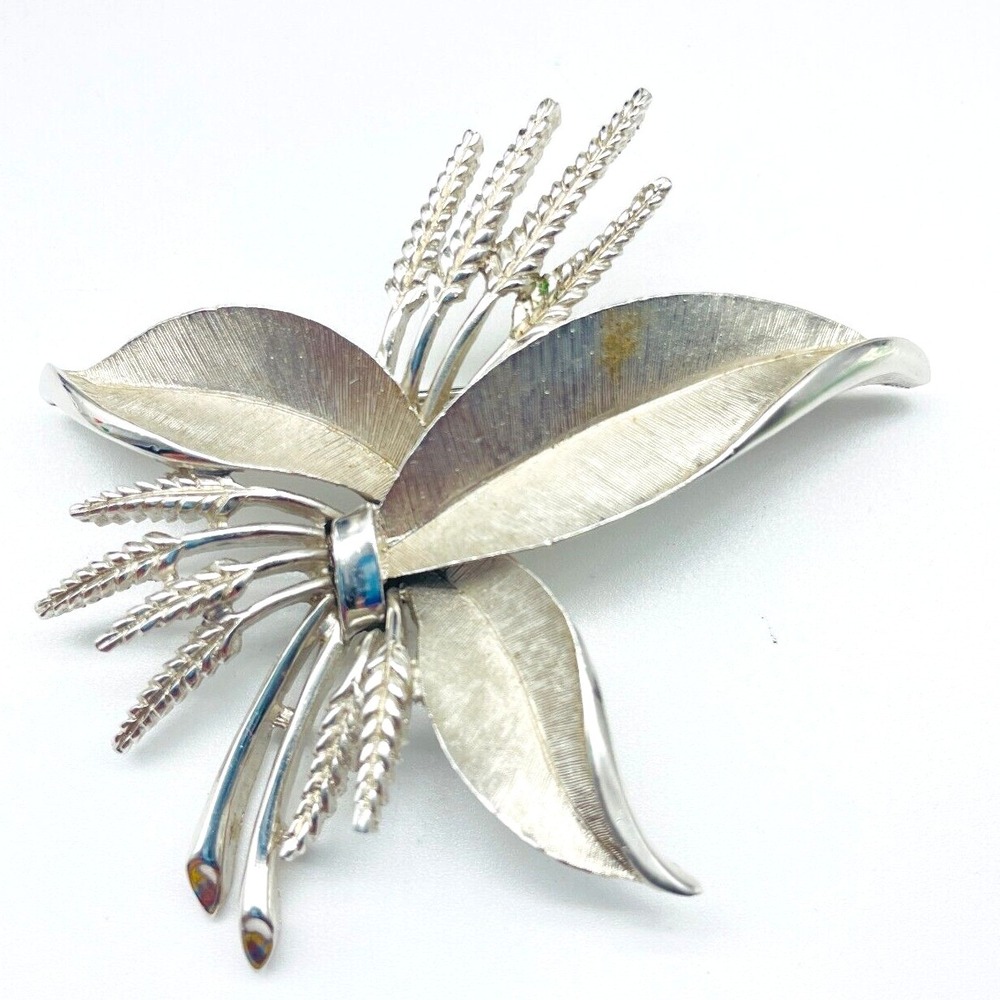 Signed Crown Trifari Brooch Silver Tone Leaf Spray Wheat Grass Vintage Statement